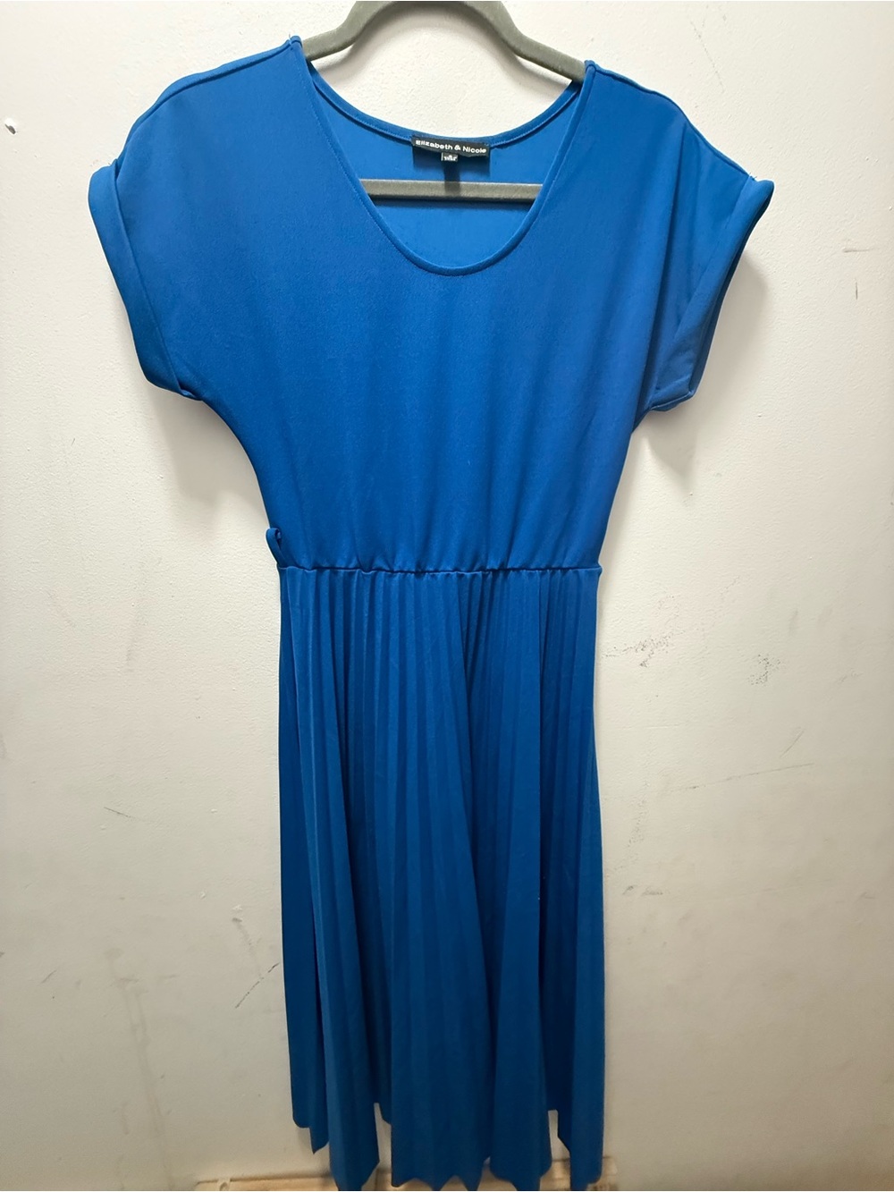 Bright Blue Pleated Midi Dress with Elastic Waist